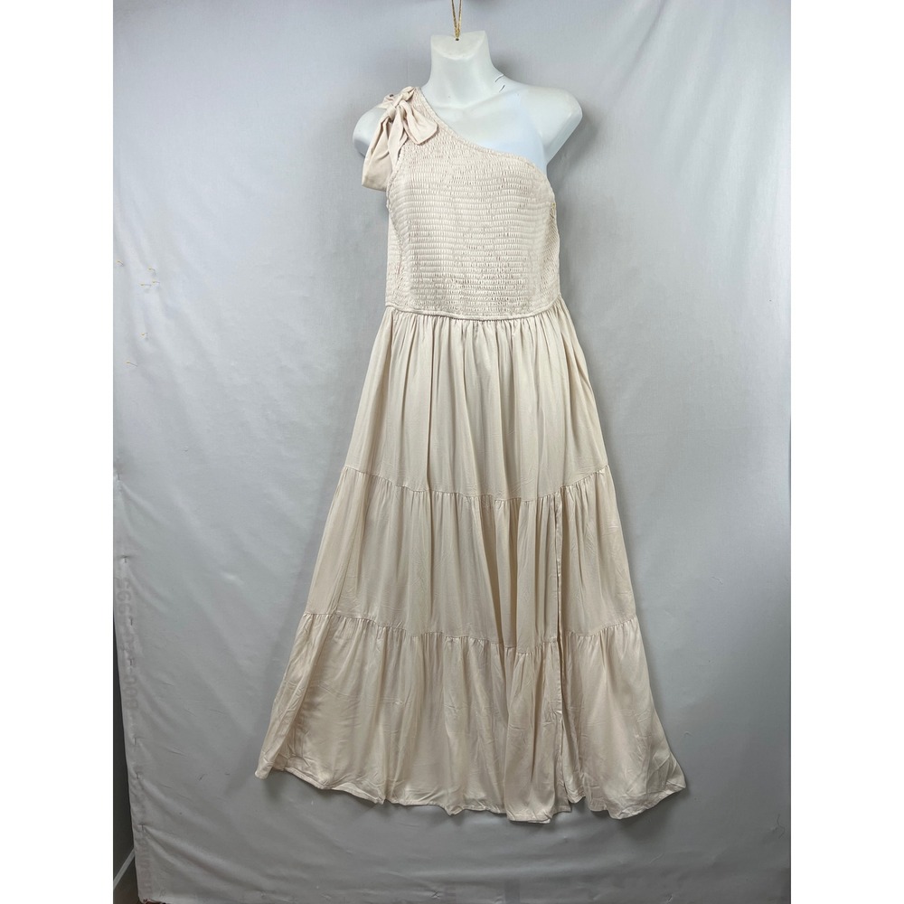 MEROKEETY One Shoulder Maxi Dress Womens Large Beige Smocked Tiered Boho Rayon